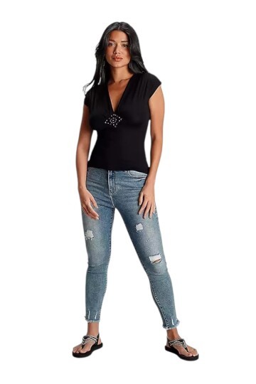 Kadın V Yaka Önü Taşlı Spor Şık Gece Gündüz Siyah Basic Bluz