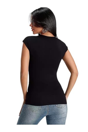 Kadın V Yaka Önü Taşlı Spor Şık Gece Gündüz Siyah Basic Bluz