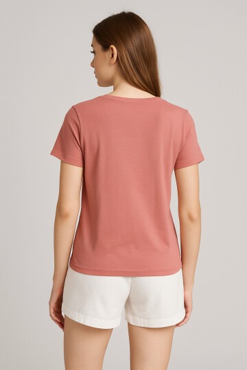 Kadın V Yaka Yarım Kol Basic Günlük Pamuk Düz Yazlık Tshirt Rahat Bluz