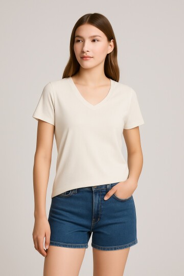 Kadın V Yaka Yarım Kol Basic Günlük Pamuk Düz Yazlık Tshirt Rahat Bluz