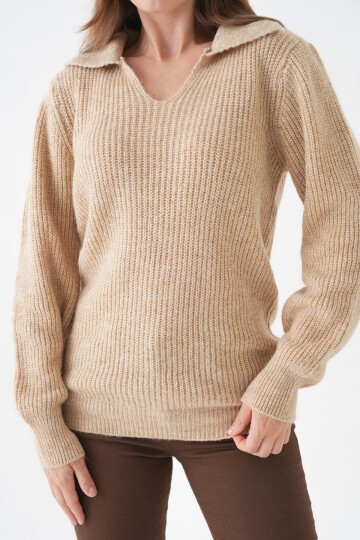 Kadın V Yakalı Basic Uzun Kol Rahat Kalıp Spor Şık Kazak