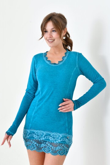 Kadın Viskon Dantel Detaylı Uzun Kol Curve Spor Şık Bluz Tunik