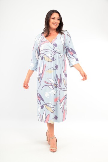 Kadın Viskon Kruvaze Yaka Truvakar Kol Büyük Beden Curve Gecelik Elbise