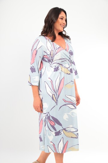 Kadın Viskon Kruvaze Yaka Truvakar Kol Büyük Beden Curve Gecelik Elbise