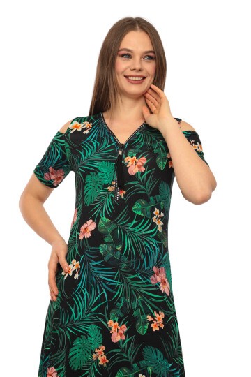 Kadın Yaka Taşlı Fermuarlı Spor Şık Maxi Boy Viskon Siyah Yeşil Curve Elbise