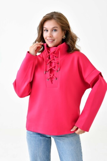 Kadın Yakası Bağcıklı Scuba Oversize Spor Şık Tasarım Sweatshirt