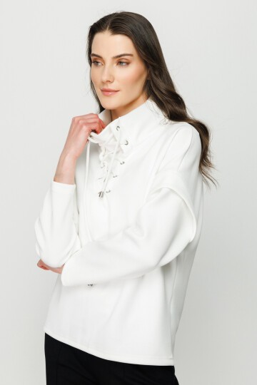 Kadın Yakası Bağcıklı Scuba Oversize Spor Şık Tasarım Sweatshirt