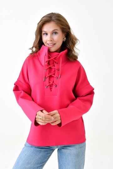 Kadın Yakası Bağcıklı Scuba Oversize Spor Şık Tasarım Sweatshirt