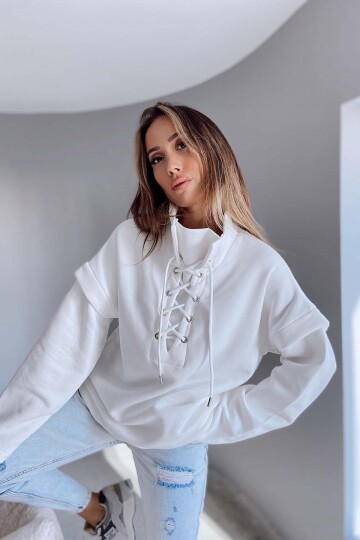 Kadın Yakası Bağcıklı Scuba Oversize Spor Şık Tasarım Sweatshirt