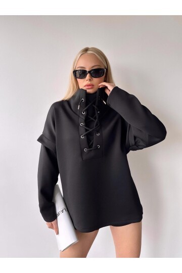 Kadın Yakası Bağcıklı Scuba Siyah Tasarım Sweatshirt