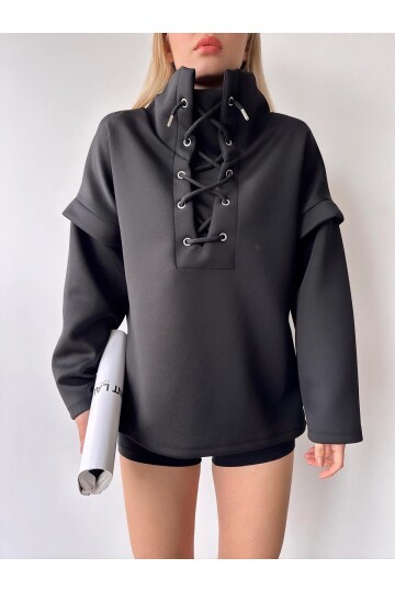 Kadın Yakası Bağcıklı Scuba Siyah Tasarım Sweatshirt