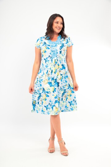 Kadın Yakası Güpürlü A Kesim Yarım Kol Viskon Günlük Midi Boy Büyük Beden Desenli Elbise Gecelik