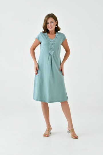 Kadın Yakası Güpürlü A Kesim Yarım Kol Viskon Günlük Midi Boy Büyük Beden Elbise Gecelik