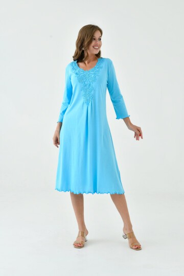 Kadın Yakası Güpürlü A Kesim Yarım Kol Viskon Günlük Midi Boy Büyük Beden Elbise Gecelik