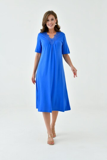 Kadın Yakası Güpürlü A Kesim Yarım Kol Viskon Günlük Midi Boy Büyük Beden Elbise Gecelik