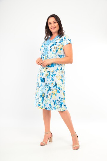 Kadın Yakası Güpürlü A Kesim Yarım Kol Viskon Günlük Midi Boy Büyük Beden Desenli Elbise Gecelik