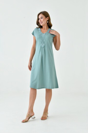 Kadın Yakası Güpürlü A Kesim Yarım Kol Viskon Günlük Midi Boy Büyük Beden Elbise Gecelik