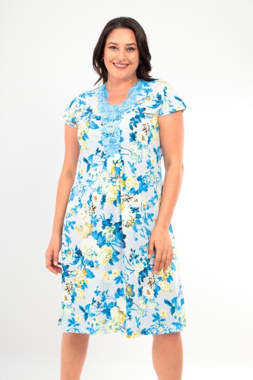 Kadın Yakası Güpürlü A Kesim Yarım Kol Viskon Günlük Midi Boy Büyük Beden Desenli Elbise Gecelik