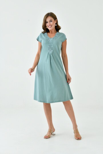 Kadın Yakası Güpürlü A Kesim Yarım Kol Viskon Günlük Midi Boy Büyük Beden Elbise Gecelik