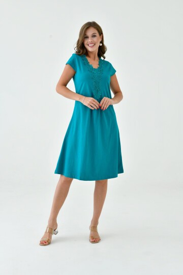 Kadın Yakası Güpürlü A Kesim Yarım Kol Viskon Günlük Midi Boy Büyük Beden Elbise Gecelik