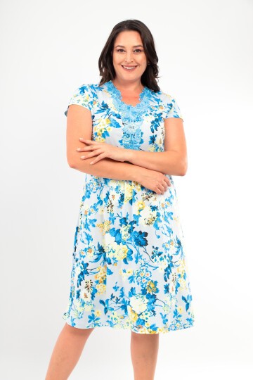 Kadın Yakası Güpürlü A Kesim Yarım Kol Viskon Günlük Midi Boy Büyük Beden Desenli Elbise Gecelik