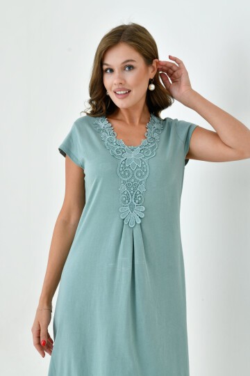 Kadın Yakası Güpürlü A Kesim Yarım Kol Viskon Günlük Midi Boy Büyük Beden Elbise Gecelik