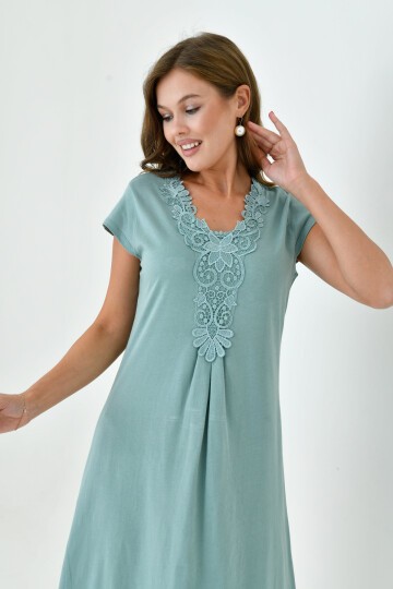 Kadın Yakası Güpürlü A Kesim Yarım Kol Viskon Günlük Midi Boy Büyük Beden Elbise Gecelik