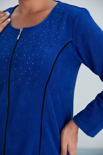 Kadın Yakası Taş Detay Fermuarlı Büyük Beden Curve Ev Plaj Midi Havlu Elbisesi