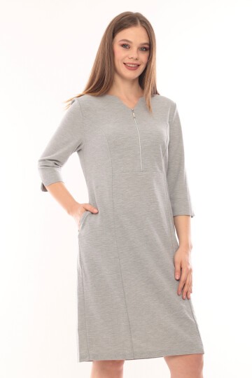Kadın Yakası Yarım Fermuarlı Truvakar Kol Büyük Beden Curve Günlük Elbise