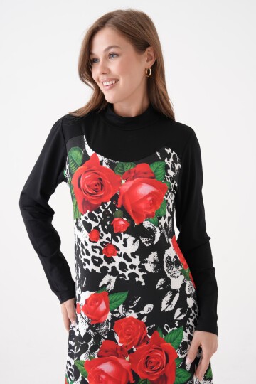 Kadın Yarım Balıkçı Uzun Kol Çiçek Desen Viskon Şık Tesettüre Uygun Tunik Curve Büyük Beden Elbise