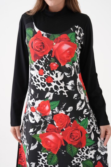 Kadın Yarım Balıkçı Uzun Kol Çiçek Desen Viskon Şık Tesettüre Uygun Tunik Curve Büyük Beden Elbise