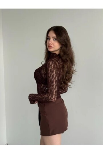 Kadın Yarım Balıkçı Yaka Full Esnek Dantel Bürümcük Spor Şık Tasarım Gece Bluzu