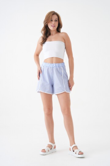 Kadın Yüksek Bel Beli Lastikli Desenli Etek Görünümlü Çizgili Spor Şık Poplin Şort