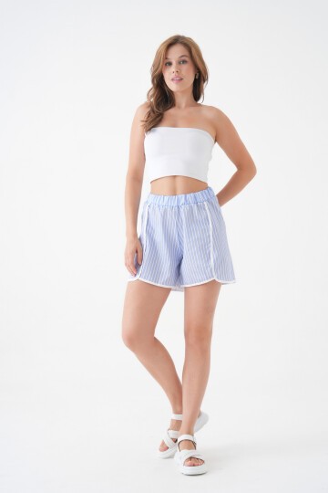 Kadın Yüksek Bel Beli Lastikli Desenli Etek Görünümlü Çizgili Spor Şık Poplin Şort