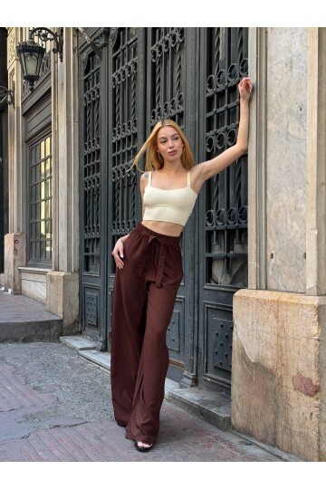 Kadın Yüksek Bel Kuşaklı %100 Viscose Pamuk Geniş Paça Şık Casual Büyük Beden Curve Pantolon