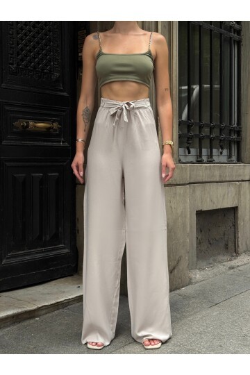 Kadın Yüksek Bel Kuşaklı %100 Viscose Pamuk Geniş Paça Şık Casual Büyük Beden Curve Pantolon