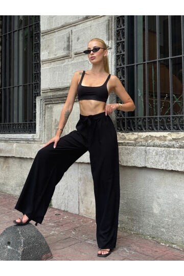 Kadın Yüksek Bel Kuşaklı %100 Viscose Pamuk Geniş Paça Şık Casual Büyük Beden Curve Pantolon