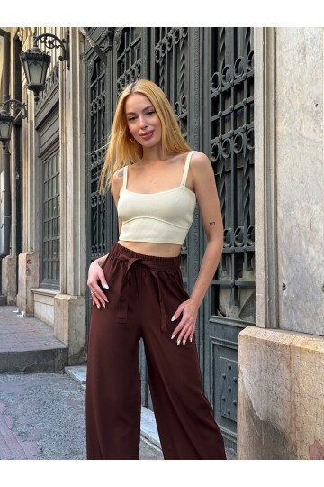 Kadın Yüksek Bel Kuşaklı %100 Viscose Pamuk Geniş Paça Şık Casual Büyük Beden Curve Pantolon