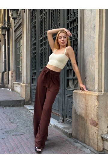 Kadın Yüksek Bel Kuşaklı %100 Viscose Pamuk Geniş Paça Şık Casual Büyük Beden Curve Pantolon