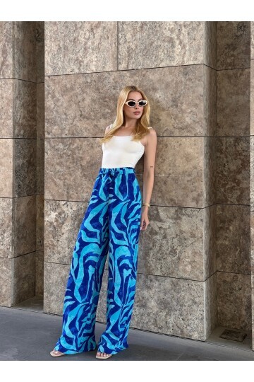 Kadın Yüksek Bel Kuşaklı Desenli %100 Viscose Pamuk Geniş Paça Şık Casual Büyük Beden Curve Pantolon