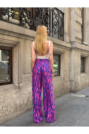 Kadın Yüksek Bel Kuşaklı Desenli %100 Viscose Pamuk Geniş Paça Şık Casual Büyük Beden Curve Pantolon