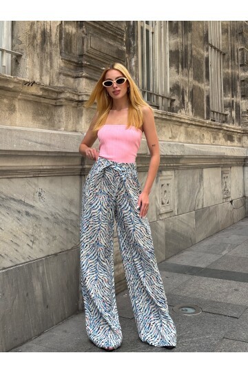 Kadın Yüksek Bel Kuşaklı Desenli %100 Viscose Pamuk Geniş Paça Şık Casual Büyük Beden Curve Pantolon