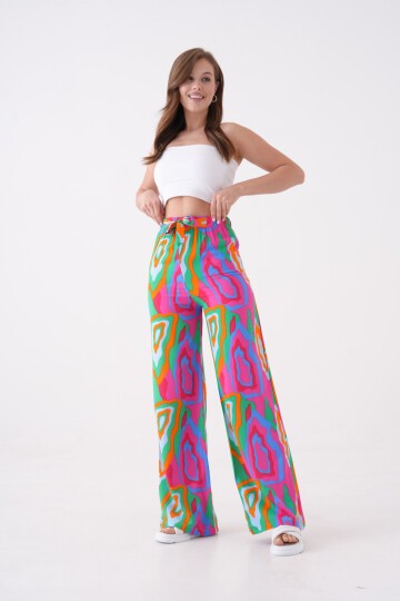 Kadın Yüksek Bel Kuşaklı Desenli %100 Viscose Pamuk Geniş Paça Şık Casual Büyük Beden Curve Pantolon