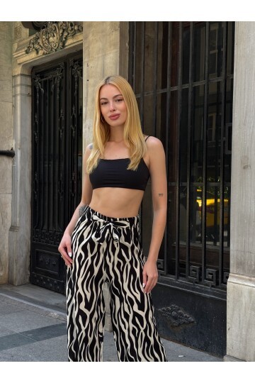 Kadın Yüksek Bel Kuşaklı Desenli %100 Viscose Pamuk Geniş Paça Şık Casual Büyük Beden Curve Pantolon