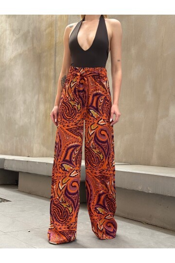 Kadın Yüksek Bel Kuşaklı Desenli %100 Viscose Pamuk Geniş Paça Şık Casual Büyük Beden Curve Pantolon