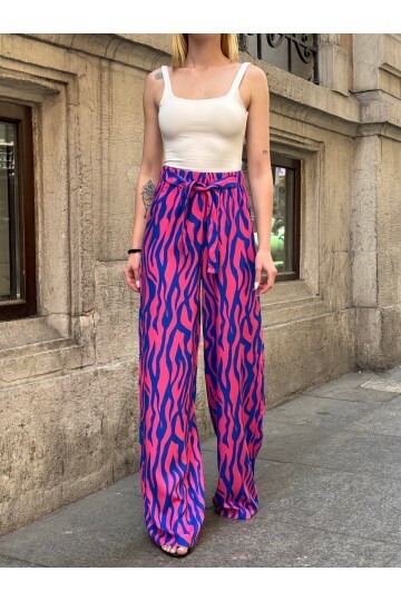 Kadın Yüksek Bel Kuşaklı Desenli %100 Viscose Pamuk Geniş Paça Şık Casual Büyük Beden Curve Pantolon