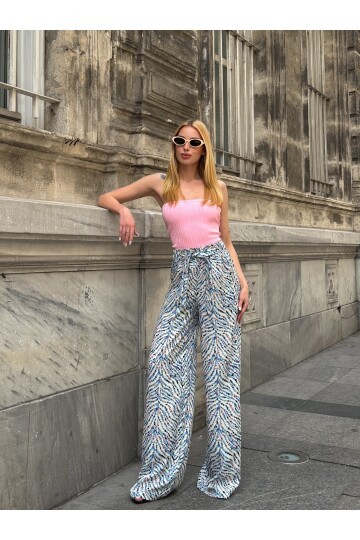 Kadın Yüksek Bel Kuşaklı Desenli %100 Viscose Pamuk Geniş Paça Şık Casual Büyük Beden Curve Pantolon