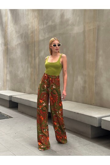 Kadın Yüksek Bel Kuşaklı Desenli %100 Viscose Pamuk Geniş Paça Şık Casual Büyük Beden Curve Pantolon