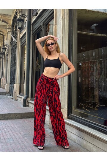 Kadın Yüksek Bel Kuşaklı Desenli %100 Viscose Pamuk Geniş Paça Şık Casual Büyük Beden Curve Pantolon