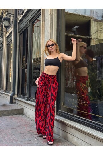 Kadın Yüksek Bel Kuşaklı Desenli %100 Viscose Pamuk Geniş Paça Şık Casual Büyük Beden Curve Pantolon